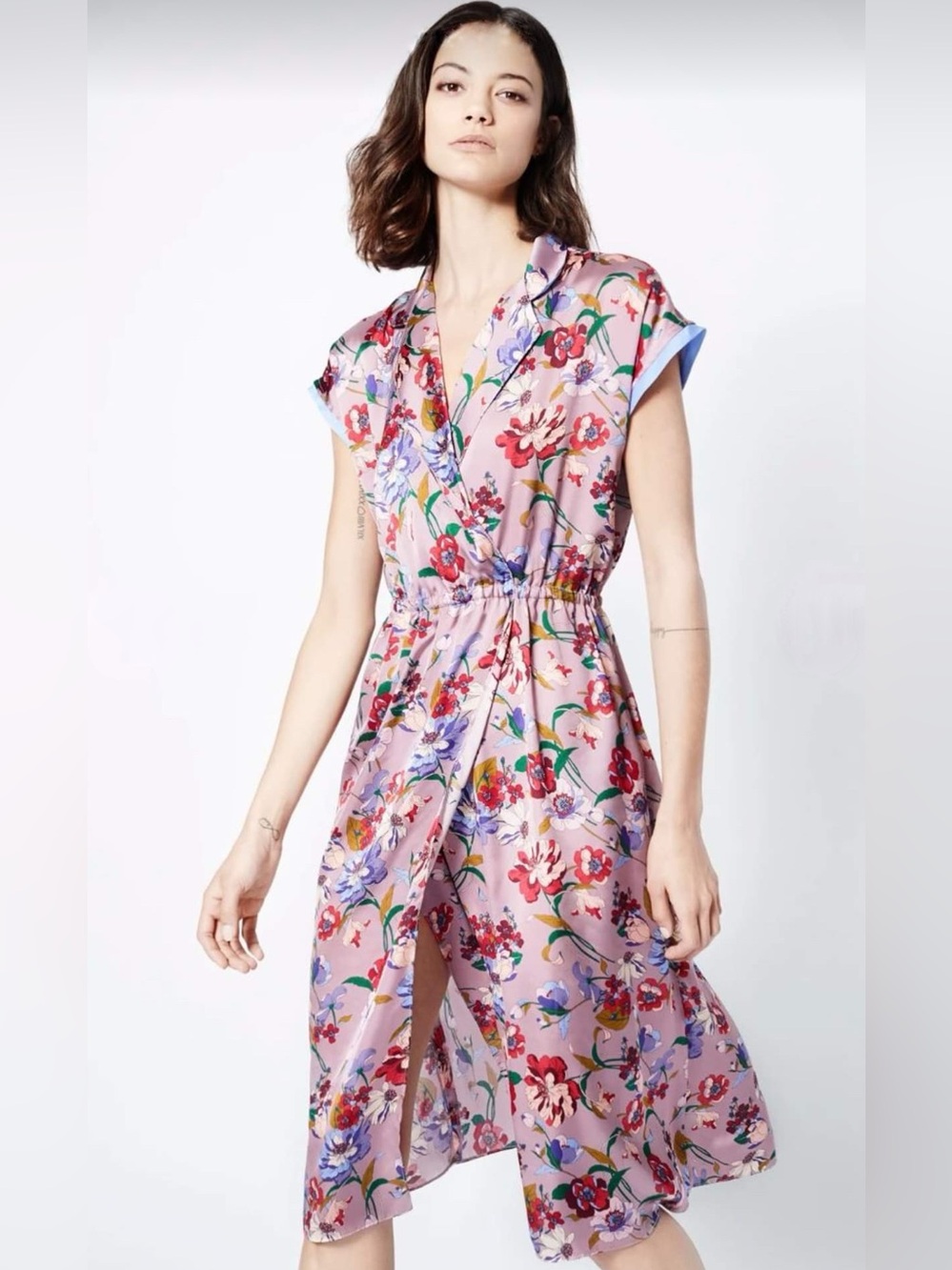 Smythe lavender floral print faux wrap midi dress